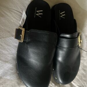Worthington Black Mules with Gold Accents